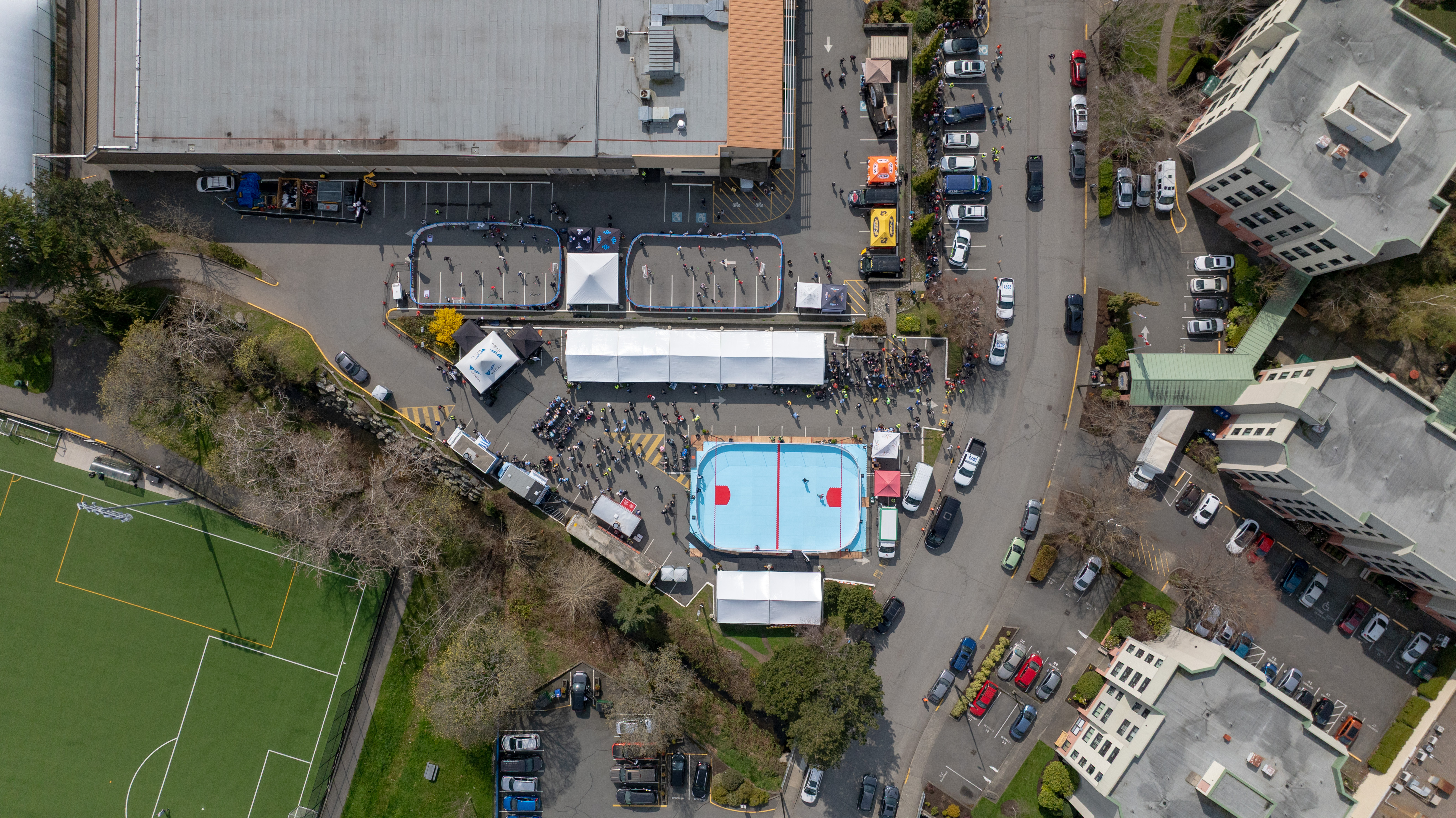 Aerial drone photo of outdoor hockey event Victoria BC VicCity Media