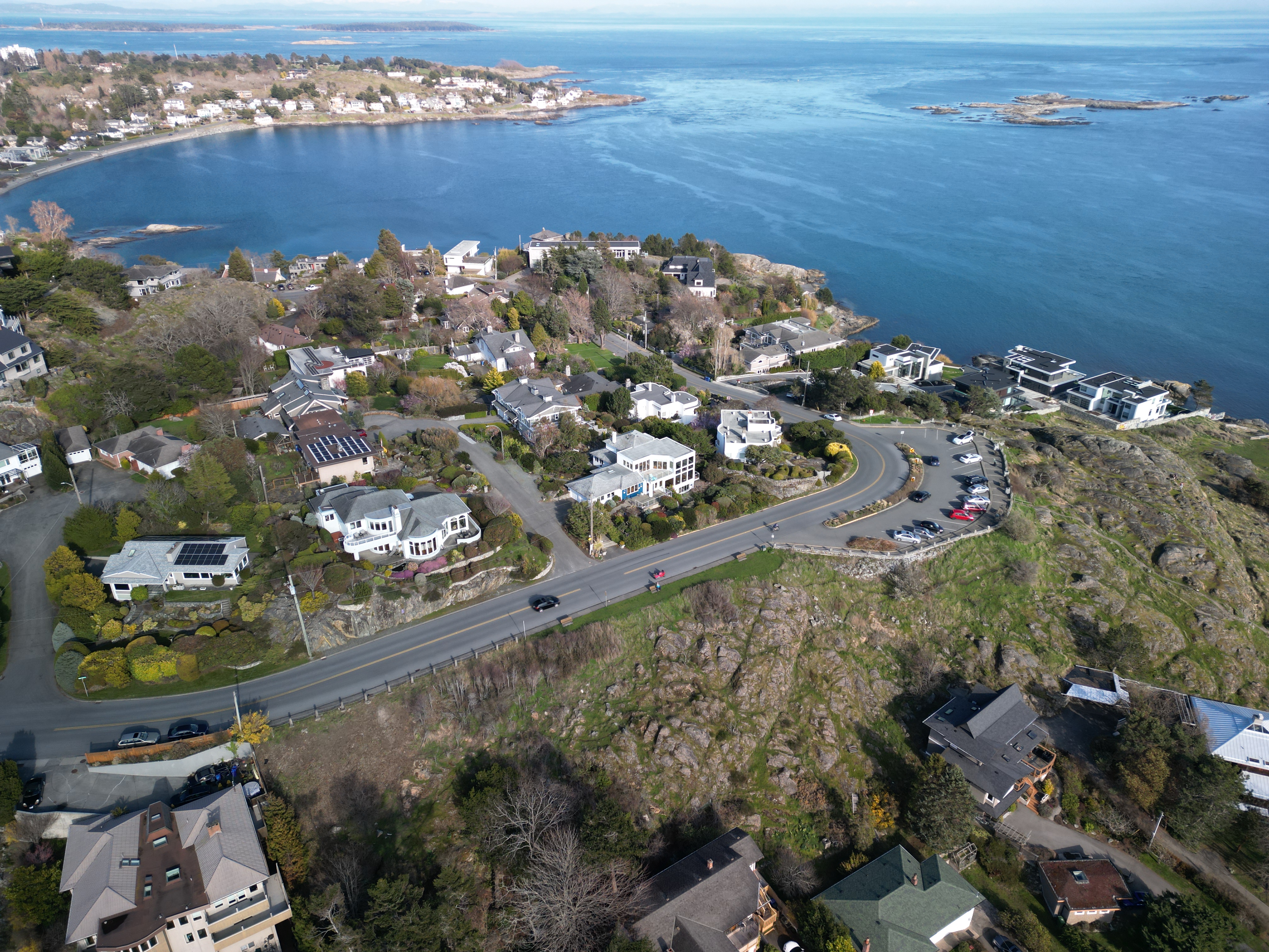 Aerial drone photo of Oak Bay Victoria BC real estate luxury homes oceanfront